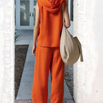 Zeagoo Chic Linen Blend Hooded Sleeveless Shirt Pants Set