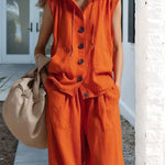 Zeagoo Chic Linen Blend Hooded Sleeveless Shirt Pants Set