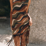 Vintage Bold Wave Print Fringe Cotton Tank Dress
