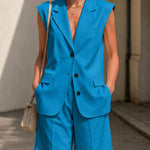 Refined Casual Shoulder-pad Suit Vest and Shorts Set