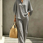 Timeless Cotton Blend Batwing Sleeve Plaid Top and Pants Set