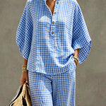 Timeless Cotton Blend Batwing Sleeve Plaid Top and Pants Set