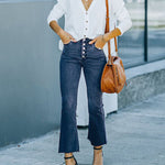 Zeagoo Buckle Design High-waisted Micro-flared Jeans Casual Cropped Pants