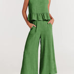 Zeagoo 2 Piece Outfits Sleeveless Ruffle Tank Crop Top and Wide Leg Pants Lounge Set with Pockets