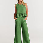 Zeagoo 2 Piece Outfits Sleeveless Ruffle Tank Crop Top and Wide Leg Pants Lounge Set with Pockets