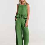Zeagoo 2 Piece Outfits Sleeveless Ruffle Tank Crop Top and Wide Leg Pants Lounge Set with Pockets