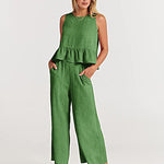 Zeagoo 2 Piece Outfits Sleeveless Ruffle Tank Crop Top and Wide Leg Pants Lounge Set with Pockets
