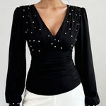 Zeagoo Elegant V-neck Pearl Embellished Top for Women Casual Work Office Loose Fit 2026 | Under $40
