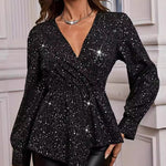 Zeagoo Glitter Asymmetrical V-Neck Blouse for Women Casual Work Office Loose Fit 2026 | Under $40