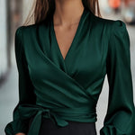 Zeagoo Elegant Solid Color Satin Wrap Blouse for Women Elegant Office Work Dressy 2026 | Under $40