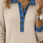 Zeagoo Women's Casual Patchwork Denim Ribbed Knit Blouse