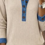 Zeagoo Women's Casual Patchwork Denim Ribbed Knit Blouse