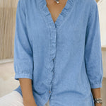 Zeagoo Trendy V-neck Ruffled Trim Lantern Sleeve Blouse for Women Cute Summer Casual 2026 | Under $40