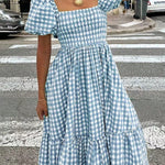 Zeagoo Women's 2026 Summer Boho Plaid Square Neck Midi Dress Casual A Line Flowy Sundress with Pockets Beach Vacation