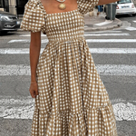Zeagoo Women's 2026 Summer Boho Plaid Square Neck Midi Dress Casual A Line Flowy Sundress with Pockets Beach Vacation