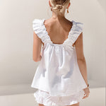 Casual Washed Cotton Ruffled Square Neck Top and Shorts Set