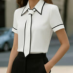 Elegant Contrast Trim Tie Long Sleeve Blouse