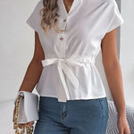 Modern Commuter Short Sleeve Tie Cinched Waist Shirt