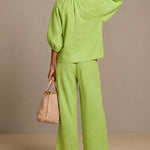 Versatile Casual Zip Front Puff Sleeve Shirt and Pants Set