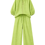 Versatile Casual Zip Front Puff Sleeve Shirt and Pants Set