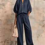 Versatile Casual Zip Front Puff Sleeve Shirt and Pants Set