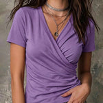 Versatile Crossover V-neck Pleated Short Sleeve T-shirt