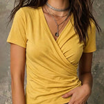 Versatile Crossover V-neck Pleated Short Sleeve T-shirt