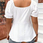 V-Neck Puff Short Sleeve Lace Up Eyelet Casual Blouse