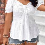 V-Neck Puff Short Sleeve Lace Up Eyelet Casual Blouse