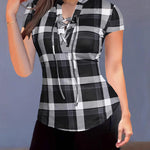 Classic Plaid Lace-Up Short Sleeve Blouse