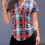 Classic Plaid Lace-Up Short Sleeve Blouse