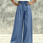 Flowing Wide Leg High Waist Pants with 3D Flower Drawstring