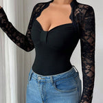 Elegant Lace Sleeve Panel Knit Bodycon Top