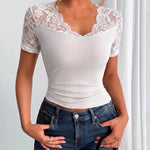 Versatile V-neck Lace Splicing Pit-Stripe Knit Wrap Top
