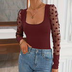 Elegant Polka Dot Mesh Sleeve Knit Fitted Top