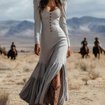 Western Cowgirl Style Ruffled Maxi Dress