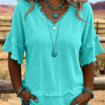 Casual Fringe Trim Raw Edge V-Neck Blouse