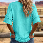 Casual Fringe Trim Raw Edge V-Neck Blouse