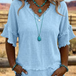 Casual Fringe Trim Raw Edge V-Neck Blouse