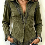 Fringe Trim Faux Suede Western Shirt