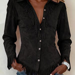 Fringe Trim Faux Suede Western Shirt