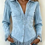 Fringe Trim Faux Suede Western Shirt