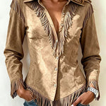 Fringe Trim Faux Suede Western Shirt