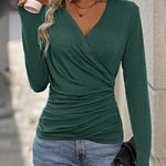 Wrap V-Neck Ruched Long Sleeve Top