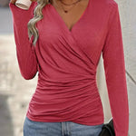 Wrap V-Neck Ruched Long Sleeve Top