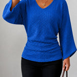 Waffle Knit V Neck Top with Flare Sleeves
