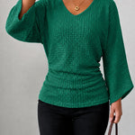 Waffle Knit V Neck Top with Flare Sleeves