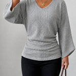 Waffle Knit V Neck Top with Flare Sleeves
