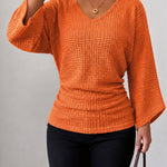 Waffle Knit V Neck Top with Flare Sleeves