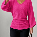 Waffle Knit V Neck Top with Flare Sleeves